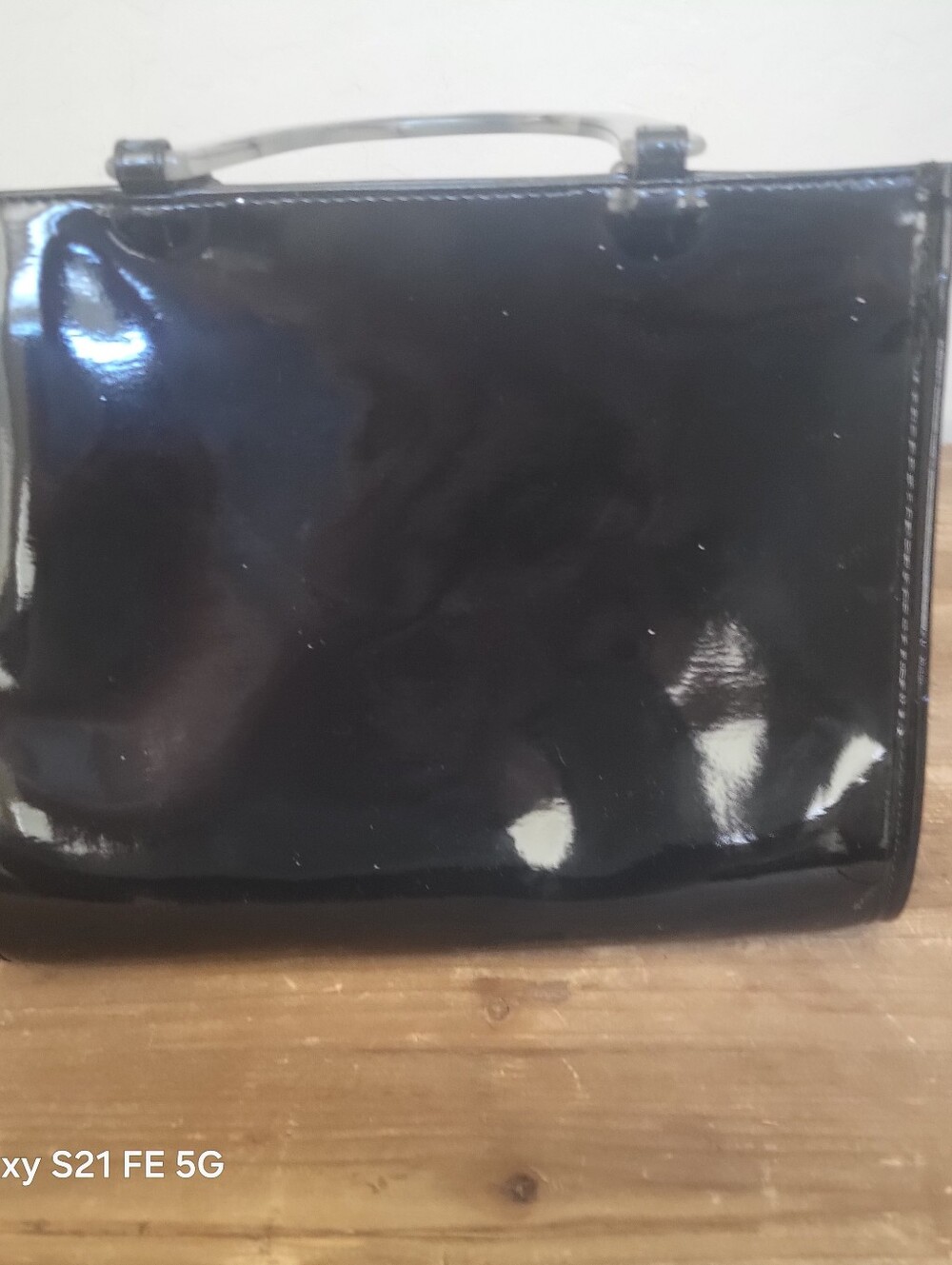 Patent Black Shoulder Bag with Light Gray Handles - Picture 2 of 4